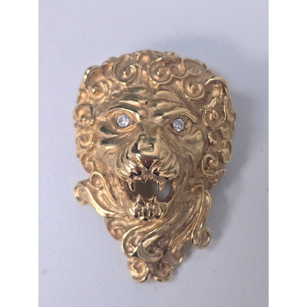 Erwin Pearl Vintage Lion Head Brooch Pendant Gold Tone Rhinestone Eyes Signed